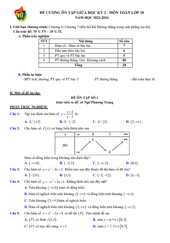 03 đề ôn tập giữa học kì 2 (HK2) lớp 10 môn Toán năm 2023 2024 trường THPT Việt Đức Hà Nội
