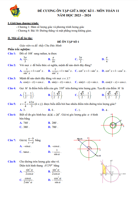 04 đề ôn tập giữa học kì 1 (HK1) lớp 11 môn Toán năm 2023 2024 trường THPT Việt Đức Hà Nội