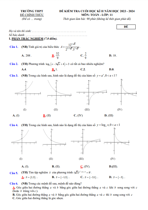 04 đề tham khảo kiểm tra cuối học kì 2 (HK2) lớp 11 môn Toán KNTTVCS