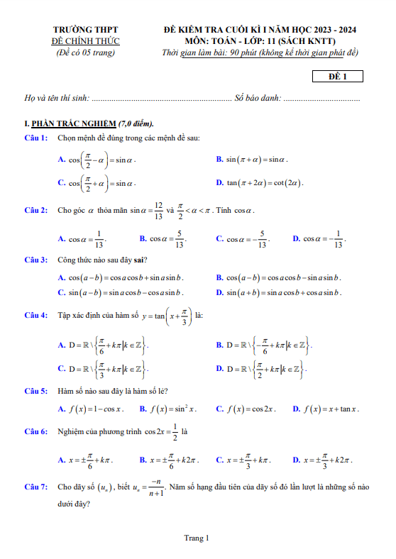 05 đề tham khảo kiểm tra cuối học kì 1 (HK1) lớp 11 môn Toán KNTTVCS