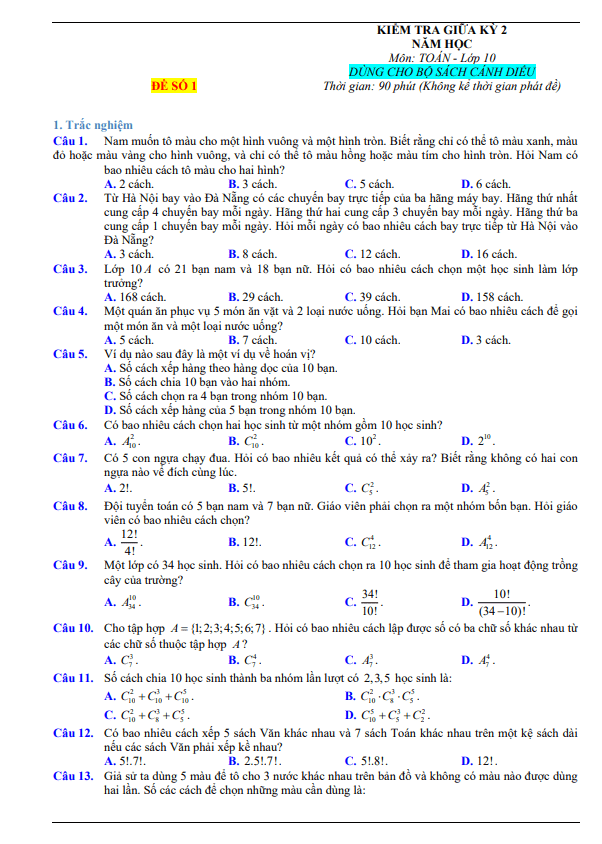 10 đề kiểm tra giữa học kì 2 (HK2) lớp 10 môn Toán Cánh Diều có đáp án và lời giải