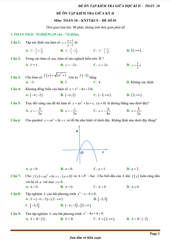 10 đề kiểm tra giữa học kì 2 (HK2) lớp 10 môn Toán Kết Nối Tri Thức Với Cuộc Sống