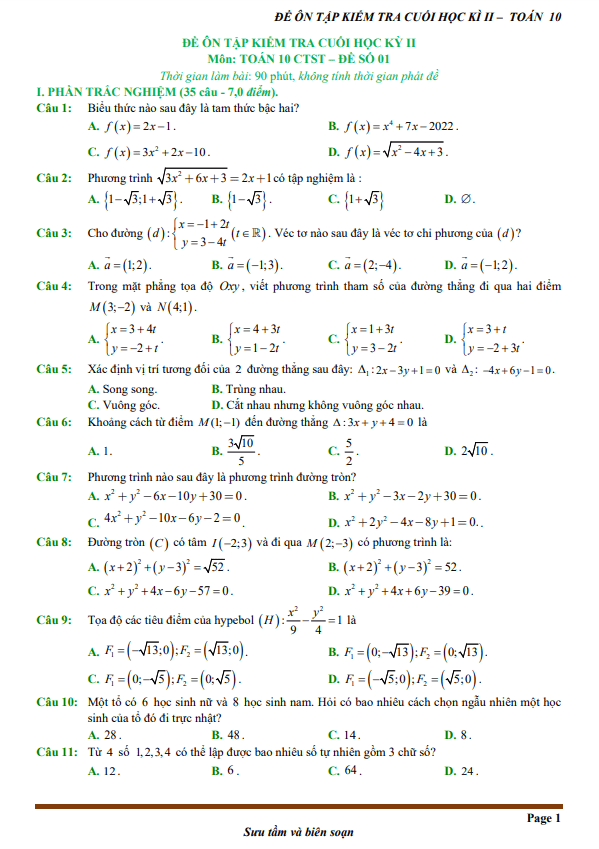 10 đề ôn tập cuối học kì 2 (HK2) lớp 10 môn Toán Chân Trời Sáng Tạo (70% TN + 30% TL)