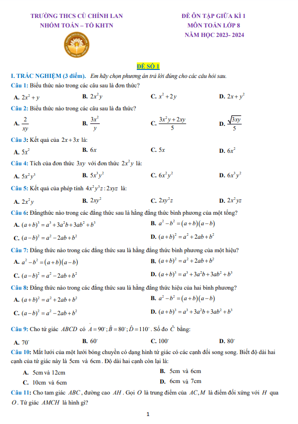 10 đề ôn tập giữa học kì 1 (HK1) lớp 8 môn Toán năm 2023 2024 trường THCS Cù Chính Lan Thanh Hóa