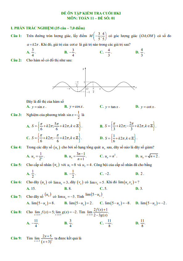 10 đề ôn tập kiểm tra cuối học kì 1 (HK1) lớp 11 môn Toán Cánh Diều (70% TN + 30% TL)