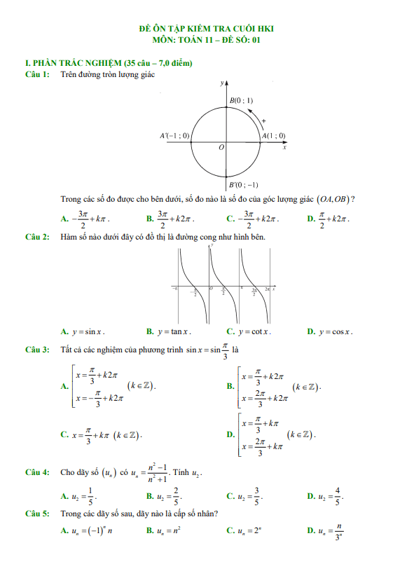 10 đề ôn tập kiểm tra cuối học kì 1 (HK1) lớp 11 môn Toán CTST (70% TN + 30% TL)