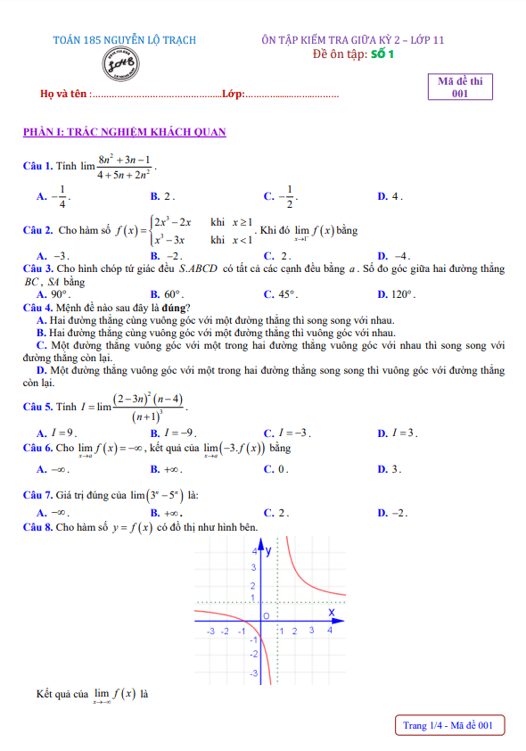 10 đề ôn tập kiểm tra giữa học kì 2 (HK2) lớp 11 môn Toán có đáp án và lời giải chi tiết