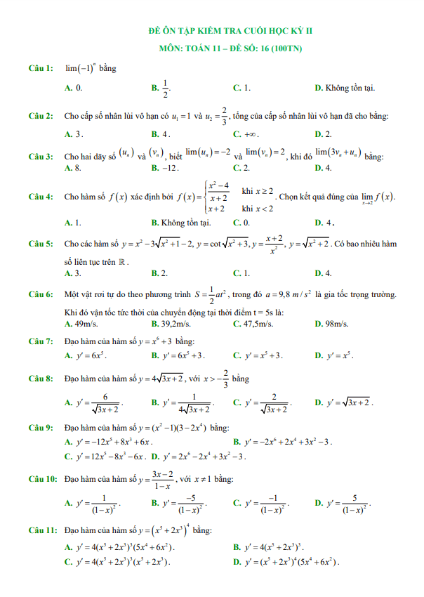 11 đề ôn tập kiểm tra cuối học kì 2 (HK2) lớp 11 môn Toán (100% trắc nghiệm)