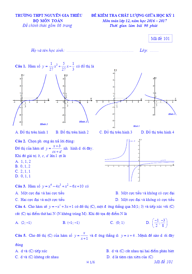 12 đề kiểm tra chất lượng giữa HKI lớp 12 môn Toán trường Nguyễn Gia Thiều Hà Nội