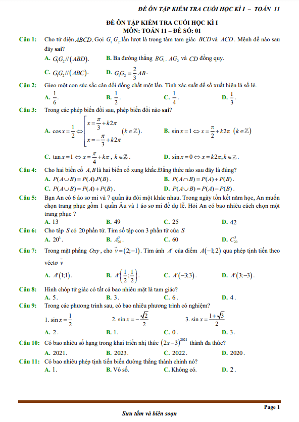 12 đề ôn tập kiểm tra cuối học kì 1 (HK1) lớp 11 môn Toán (100% trắc nghiệm)
