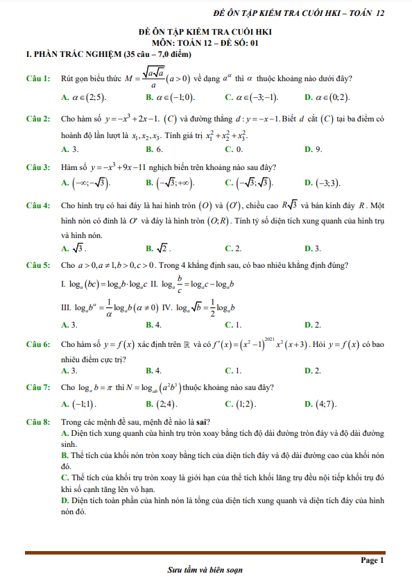 12 đề ôn tập kiểm tra cuối học kì 1 (HK1) lớp 12 môn Toán (70% TN + 30% TL)