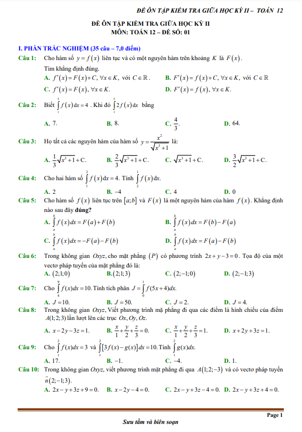 15 đề ôn tập kiểm tra giữa học kì 2 (HK2) lớp 12 môn Toán (70% TN + 30% TL)