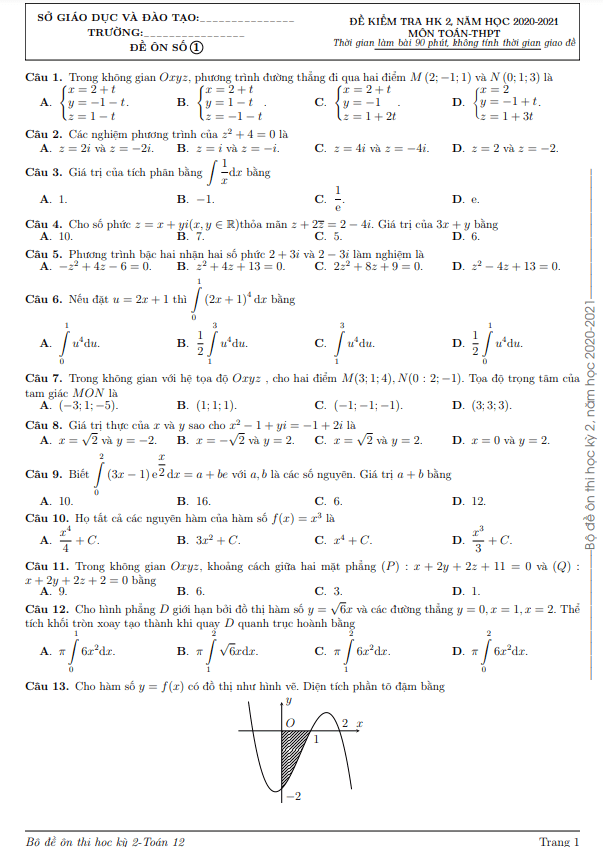 15 đề ôn thi cuối học kì 2 (HK2) lớp 12 môn Toán dành cho học sinh yếu trung bình
