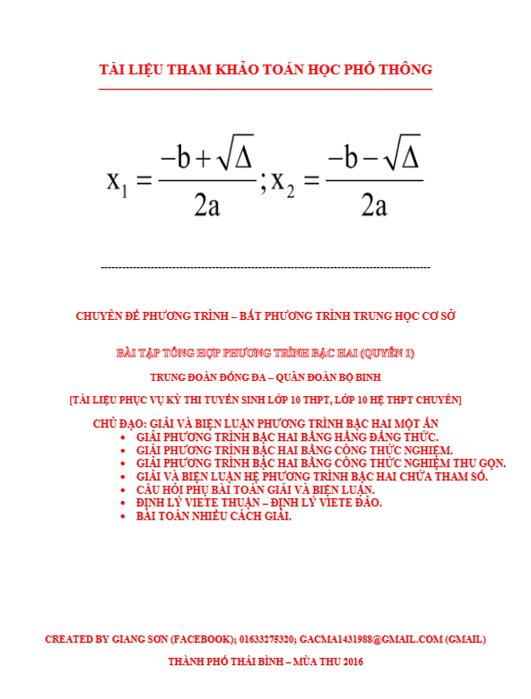 270 bài toán giải và biện luận phương trình bậc hai một ẩn Lương Tuấn Đức
