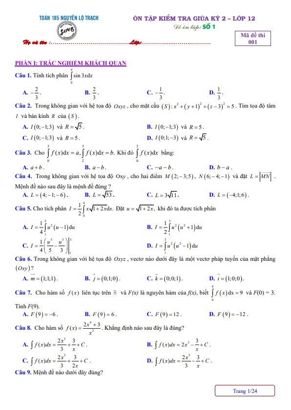 6 đề ôn tập kiểm tra giữa học kì 2 (HK2) lớp 12 môn Toán có đáp án và lời giải chi tiết