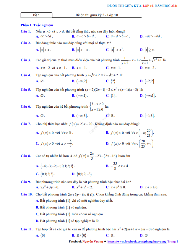 7 đề ôn thi giữa học kì 2 (HK2) lớp 10 môn Toán có đáp án và lời giải Nguyễn Bảo Vương