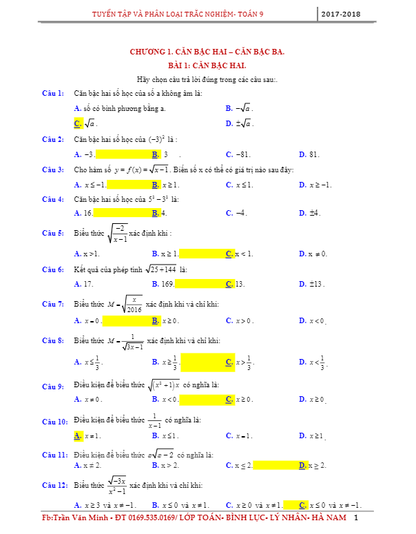 Bài tập căn bậc hai căn bậc ba có đáp án Trần Văn Minh