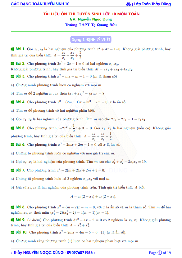 Bài tập ôn thi tuyển sinh vào môn Toán Nguyễn Ngọc Dũng