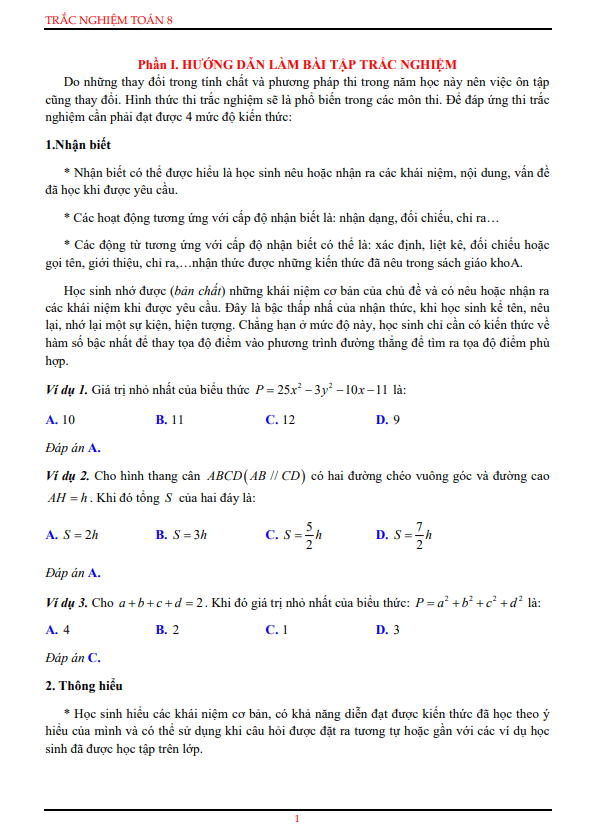 Bài tập trắc nghiệm lớp 8 môn Toán