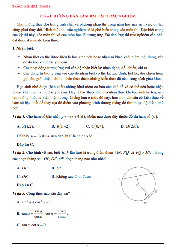 Bài tập trắc nghiệm lớp 9 môn Toán