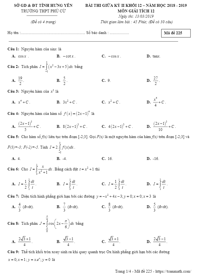 Bài thi giữa học kì 2 (HK2) Giải tích 12 năm 2018 2019 trường THPT Phù Cừ Hưng Yên