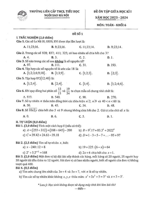Bộ đề ôn tập giữa học kì 1 (HK1) lớp 6 môn Toán năm 2023 2024 trường TH THCS Ngôi Sao Hà Nội
