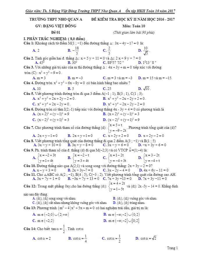 Bộ đề ôn tập học kì 2 (HK2) lớp 10 môn Toán năm học 2016 2017 trường THPT Nho Quan A Ninh Bình