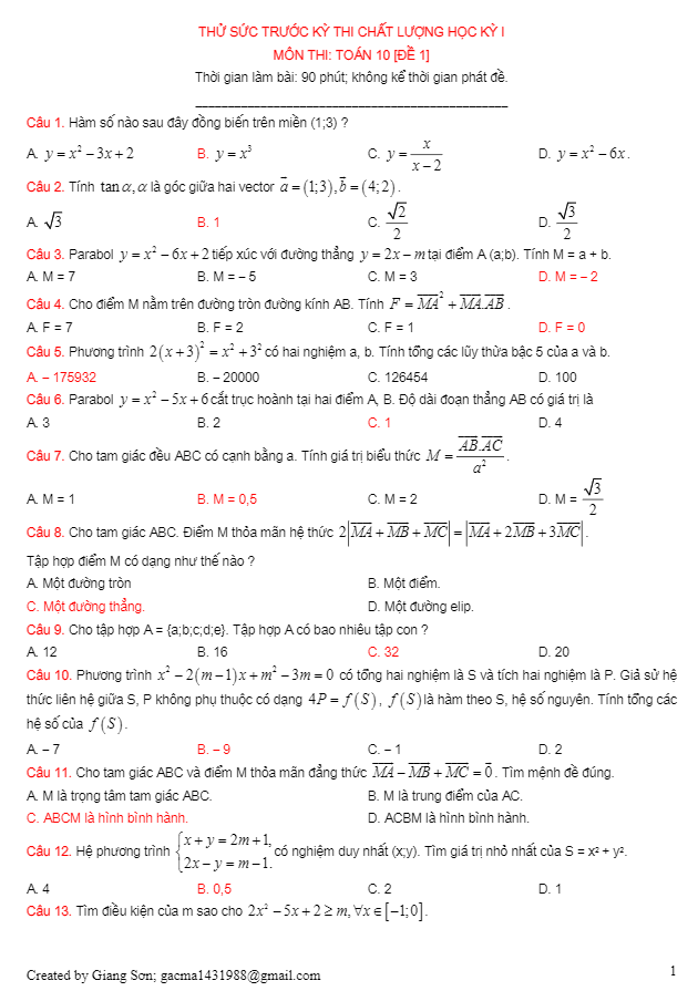 Bộ đề ôn thi học kì 1 (HK1) lớp 10 môn Toán có đáp án Lương Tuấn Đức
