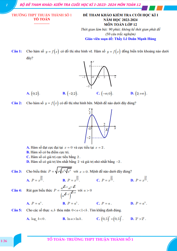 Bộ đề tham khảo cuối học kì 1 (HK1) lớp 12 môn Toán năm 2023 2024 trường Thuận Thành 1 Bắc Ninh