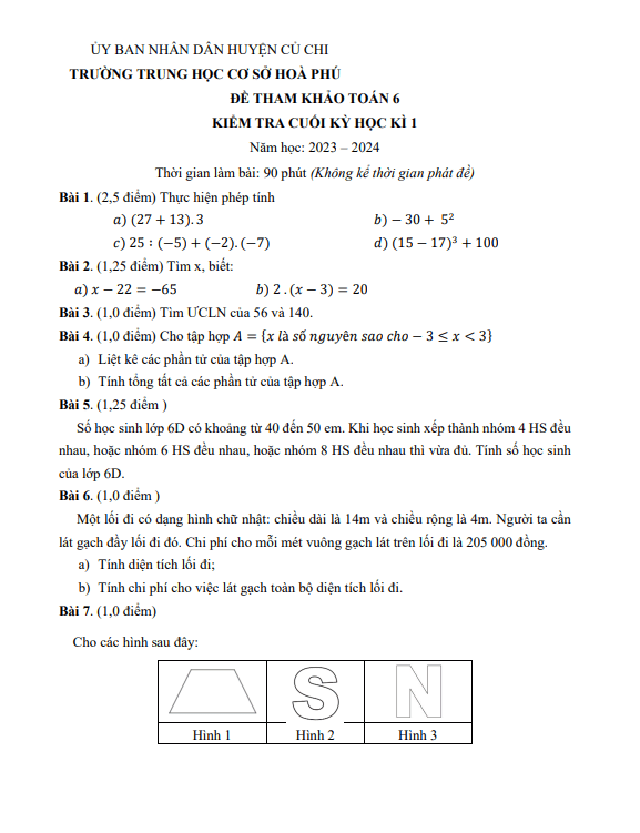 Bộ đề tham khảo cuối học kì 1 (HK1) lớp 6 môn Toán năm 2023 2024 phòng GD ĐT Củ Chi TP HCM