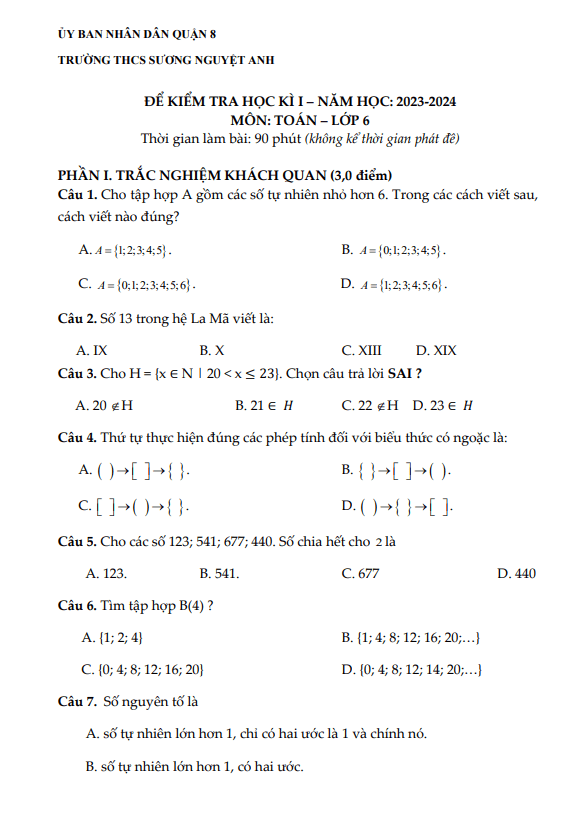 Bộ đề tham khảo cuối học kì 1 (HK1) lớp 6 môn Toán năm 2023 2024 phòng GD ĐT quận 8 TP HCM