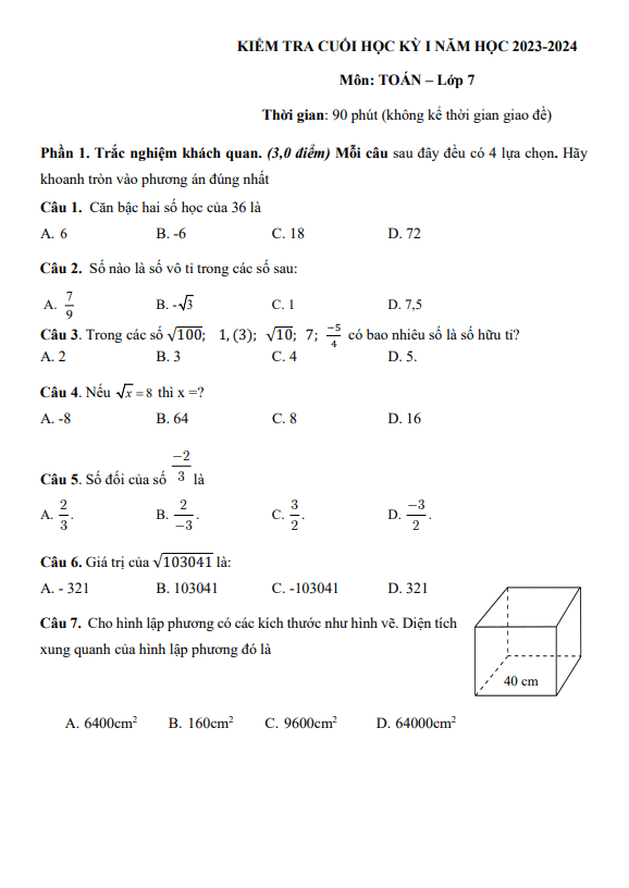 Bộ đề tham khảo cuối học kì 1 (HK1) lớp 7 môn Toán năm 2023 2024 phòng GD ĐT Bình Chánh TP HCM
