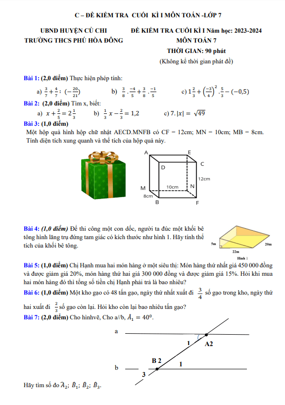 Bộ đề tham khảo cuối học kì 1 (HK1) lớp 7 môn Toán năm 2023 2024 phòng GD ĐT Củ Chi TP HCM