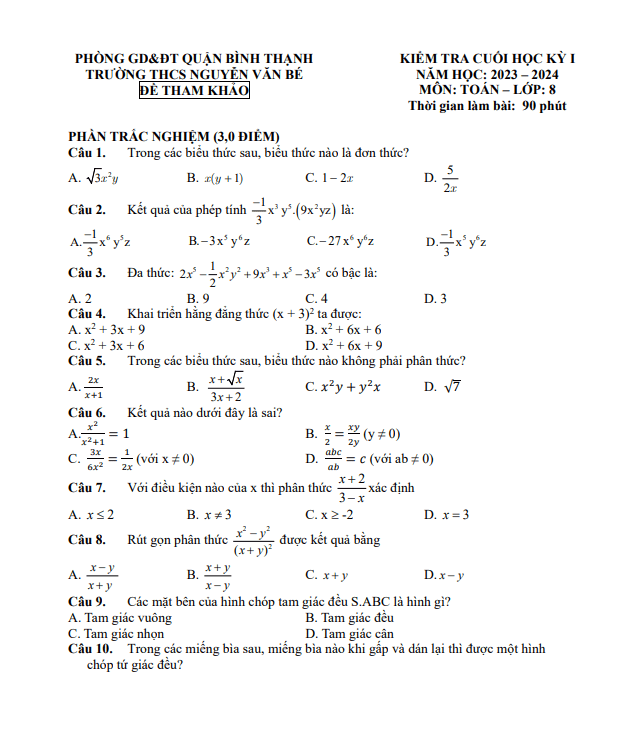 Bộ đề tham khảo cuối học kì 1 (HK1) lớp 8 môn Toán năm 2023 2024 phòng GD ĐT Bình Thạnh TP HCM