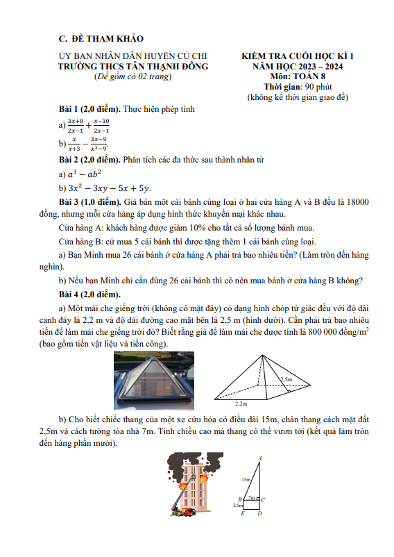 Bộ đề tham khảo cuối học kì 1 (HK1) lớp 8 môn Toán năm 2023 2024 phòng GD ĐT Củ Chi TP HCM
