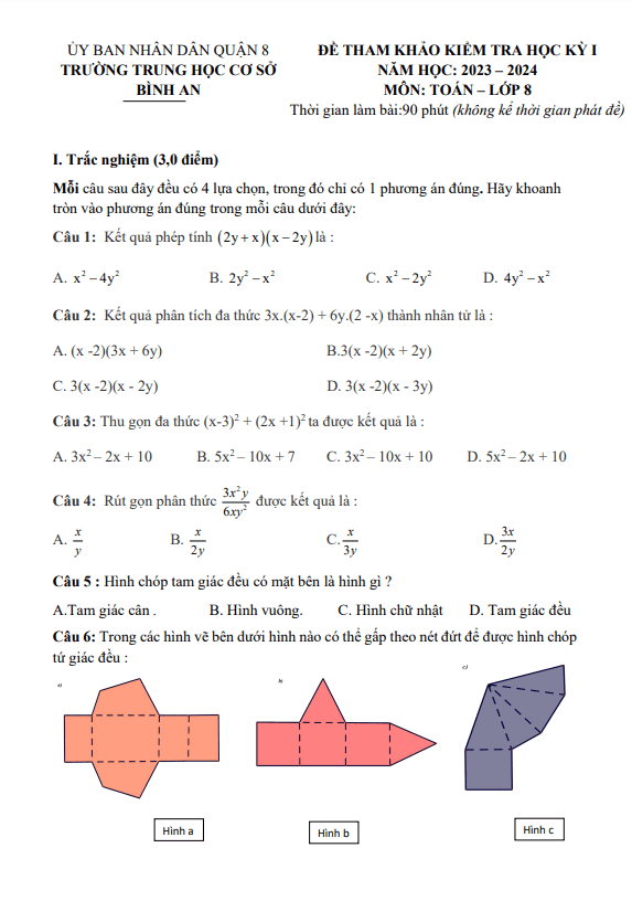 Bộ đề tham khảo cuối học kì 1 (HK1) lớp 8 môn Toán năm 2023 2024 phòng GD ĐT quận 8 TP HCM