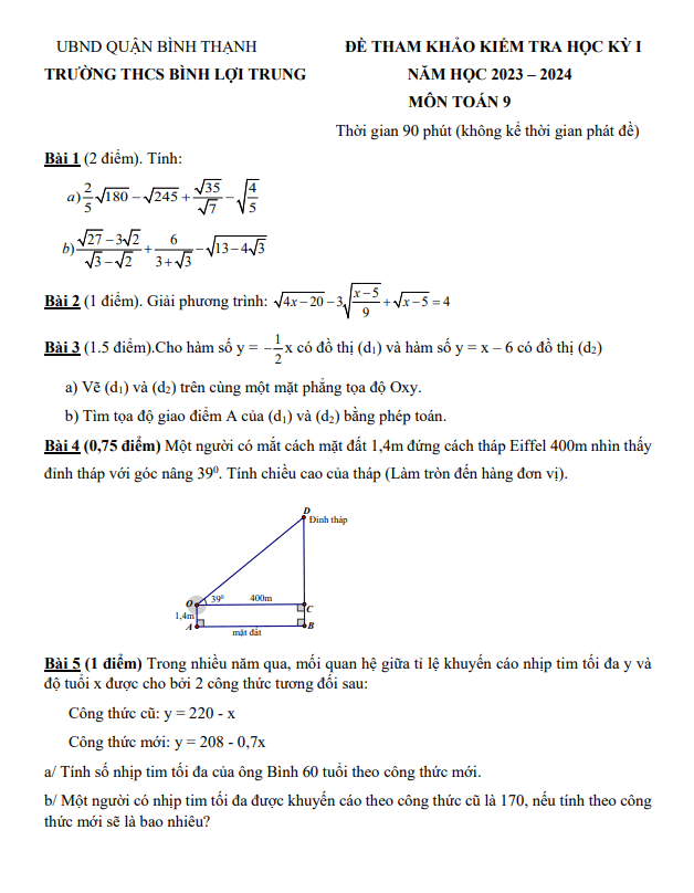 Bộ đề tham khảo cuối học kì 1 (HK1) lớp 9 môn Toán năm 2023 2024 phòng GD ĐT Bình Thạnh TP HCM