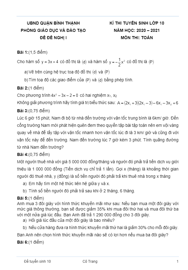 Bộ đề tham khảo tuyển sinh năm 2020 2021 môn Toán sở GD ĐT TP HCM