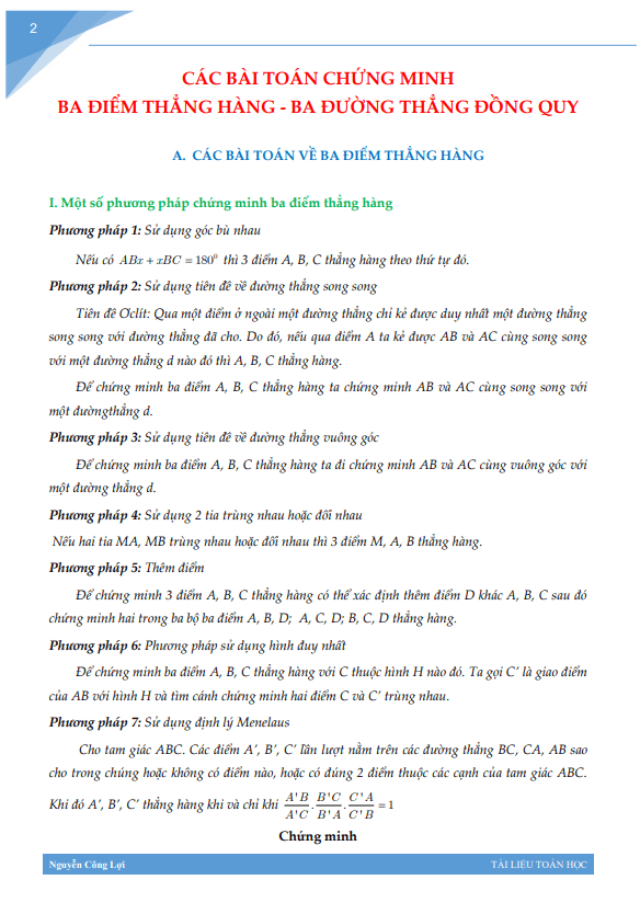 Các bài toán chứng minh ba điểm thẳng hàng ba đường thẳng đồng quy
