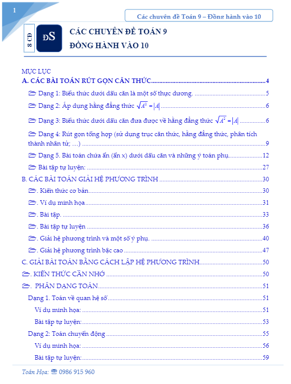 Các chuyên đề lớp 10 môn Toán ôn thi vào 