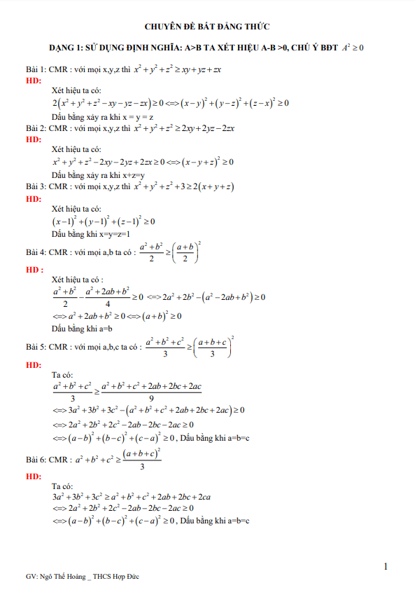 Chuyên đề bất đẳng thức bồi dưỡng học sinh giỏi lớp 8 môn Toán