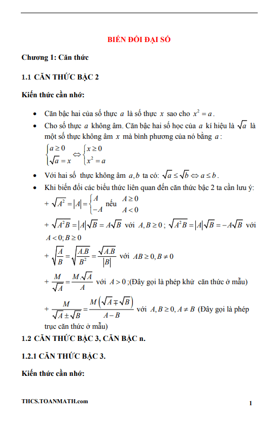 Chuyên đề biến đổi đại số ôn thi vào 