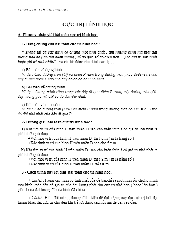 Chuyên đề cực trị Hình học 9