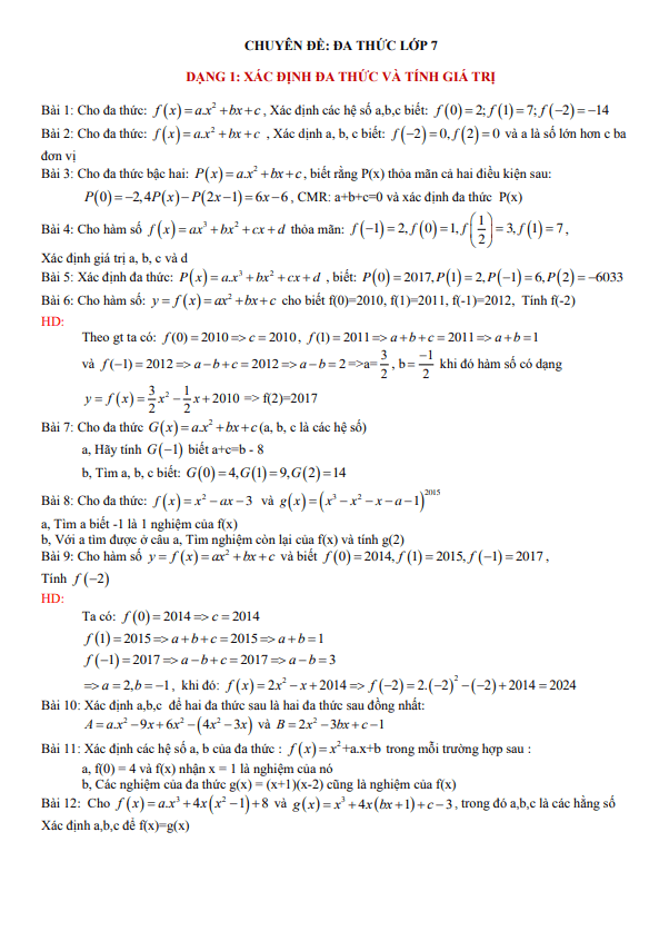 Chuyên đề đa thức bồi dưỡng học sinh giỏi lớp 7 môn Toán