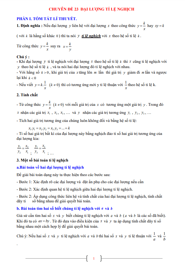 Chuyên đề đại lượng tỉ lệ nghịch lớp 7 môn Toán