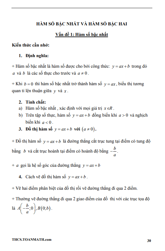 Chuyên đề hàm số bậc nhất và hàm số bậc hai ôn thi vào 