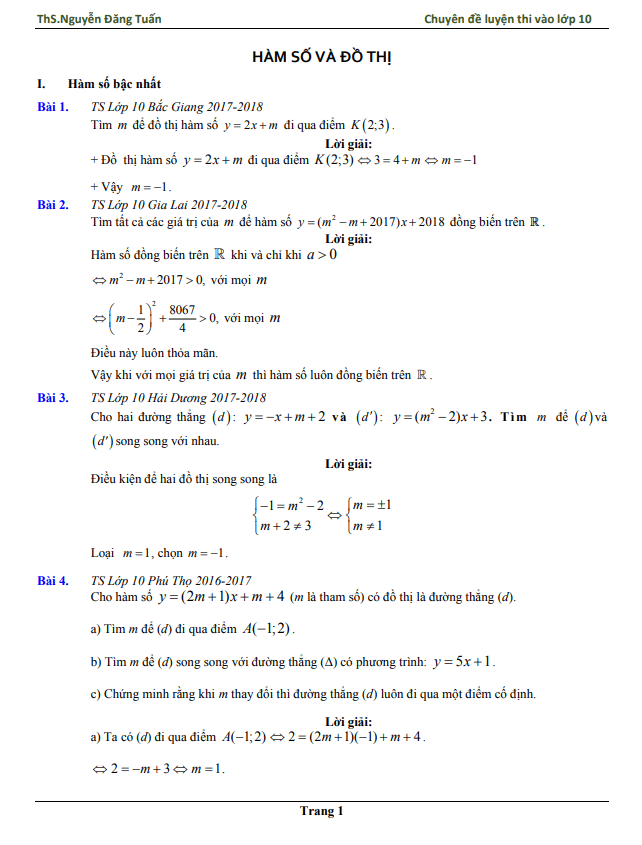Chuyên đề hàm số và đồ thị ôn thi vào môn Toán Nguyễn Đăng Tuấn