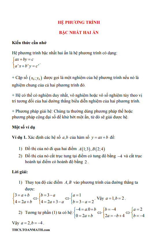 Chuyên đề hệ phương trình bậc nhất hai ẩn ôn thi vào 