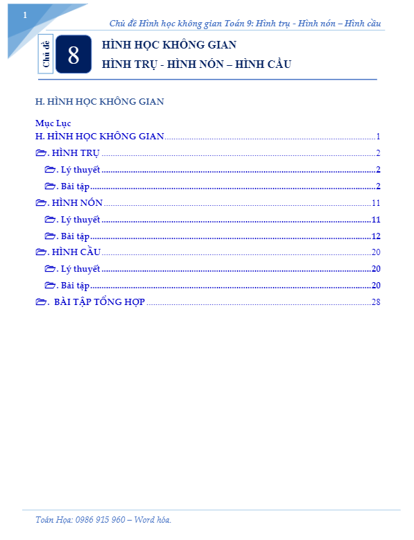 Chuyên đề hình học không gian lớp 9 môn Toán: Hình trụ Hình nón Hình cầu