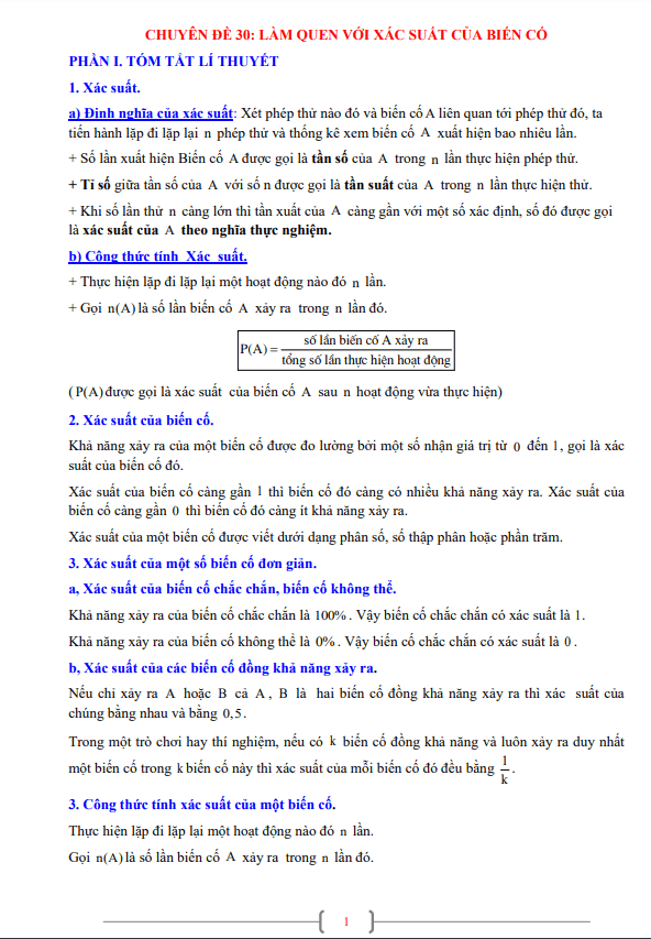 Chuyên đề làm quen với xác suất của biến cố lớp 7 môn Toán